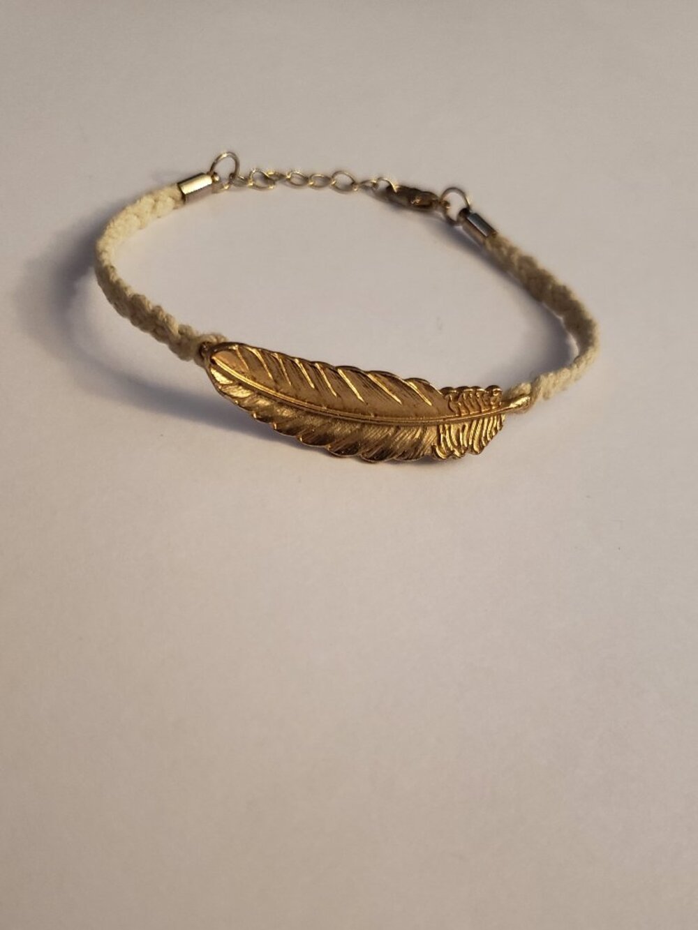 Gold-tone Feather Bracelet Macrame String Flexible Adjustable Extender
